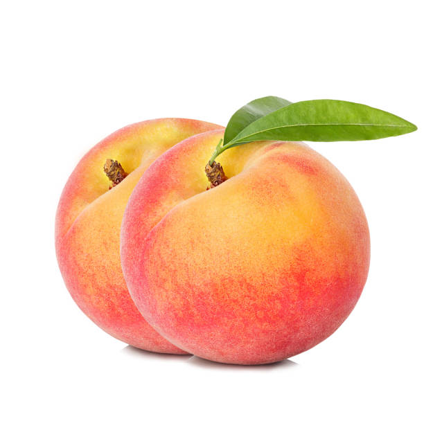 istock Peach with leaf. Fruits on white background