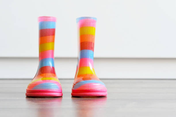 istock Pair of colorful boots on the floor 672365312