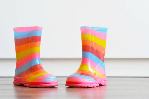 istock Pair of colorful boots on the floor 672365446