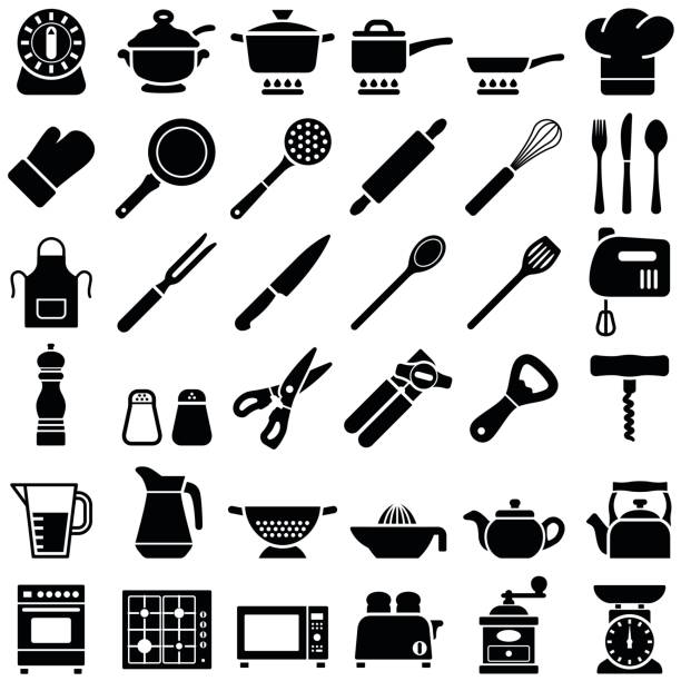 Kitchen tool icons Kitchen tool icon collection - vector silhouette illustration cooking silhouettes stock illustrations