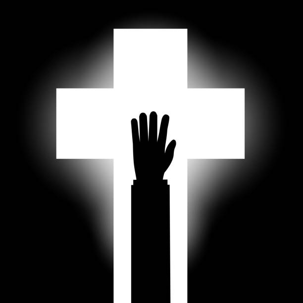 menschliche hand auf dem hintergrund des kreuzes. - freedom praying spirituality silhouette stock-grafiken, -clipart, -cartoons und -symbole