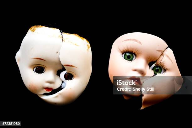 Broken Doll Face And Head On Black Background Stock Photo - Download Image Now - Broken, Toy, Antique