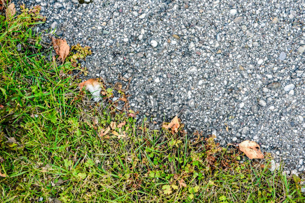 istock Line between Grass and Asphalt outside on the road texture. 672387730
