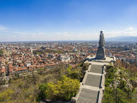 Aerial view of the Unknown soldier monument also known as Alyosha in Plovdiv, Bulgaria