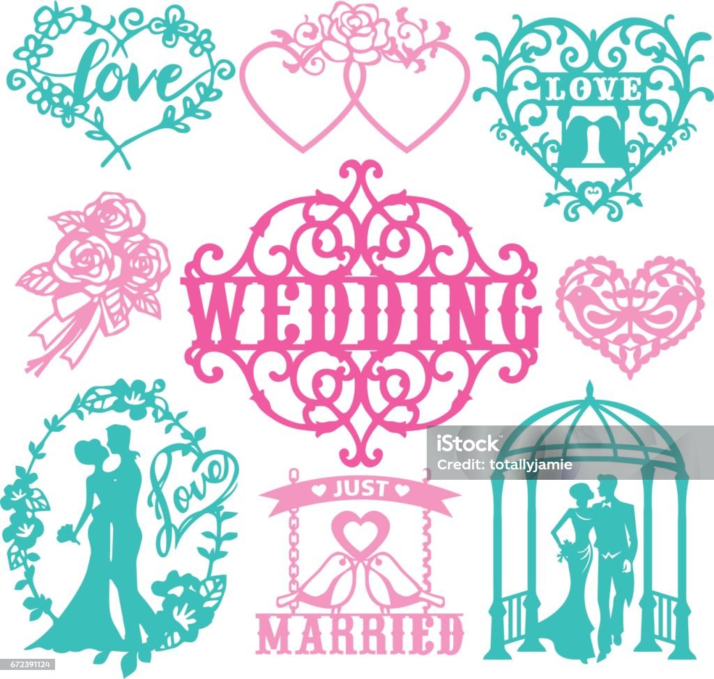 Vintage Paper Cut Wedding Theme Set A vector illustration of assorted vintage paper cut wedding theme set. Bridal design elements included are wedding signs, couple, bridal party, flowers and more. 1980-1989 stock vector