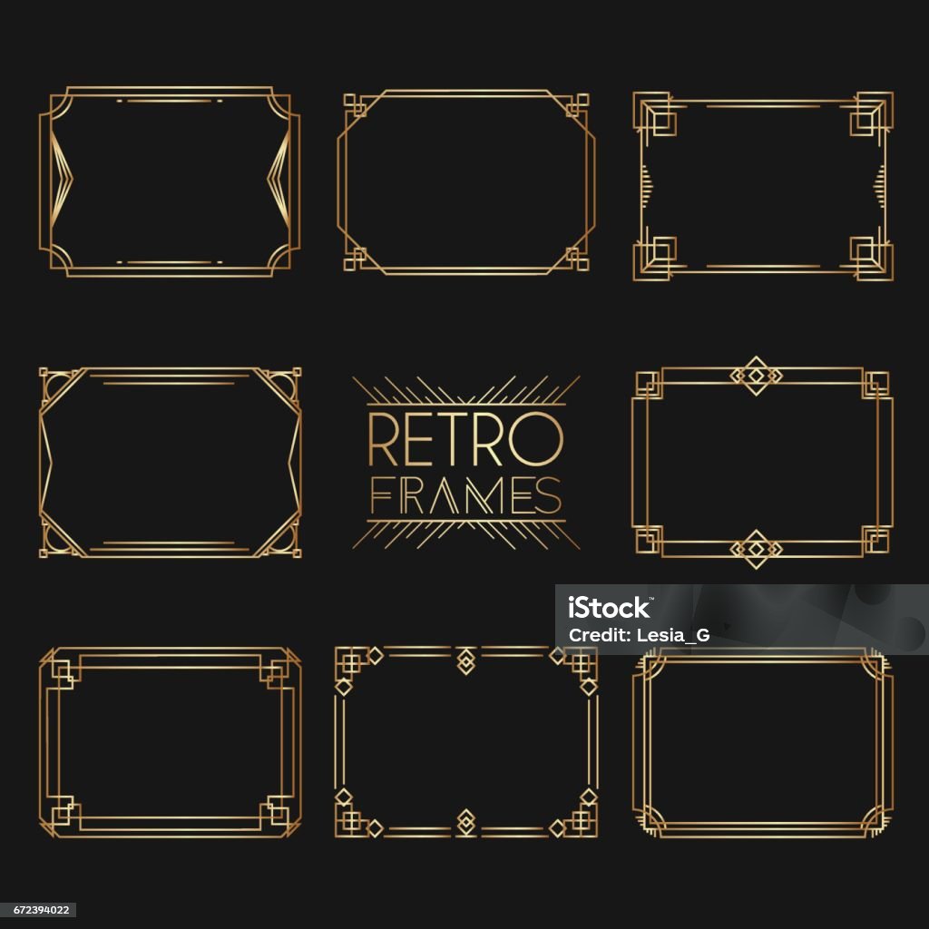 Gold retro frames. Style of 1920s. Collection of golden premium promo seals/stickers. Art Deco stock vector