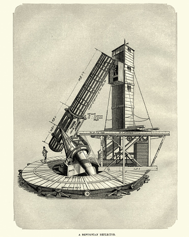 Vintage engraving of a Newtonian telescope (Reflector), 1870. The Newtonian telescope is a type of reflecting telescope invented by the British scientist Sir Isaac Newton (1642–1727), using a concave primary mirror and a flat diagonal secondary mirror.