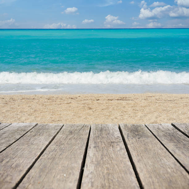 istock Wooden terrace with the beach view in summer 672402126
