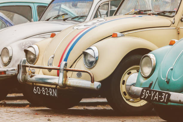 row of vintage volkswagen beetles from the seventies - beetle imagens e fotografias de stock