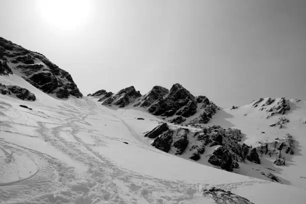 Mountain corridor with snowtracks in black and white. Taken with Canon EOS 400D and processed with Adobe Photoshop CS5.