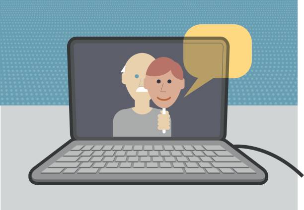 Impersonating someone else online chatroom Man pretending to be younger man on internet chatroom shown on a laptop catfish stock illustrations