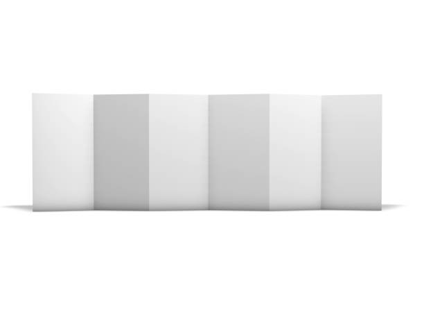 istock Six blank tall vertical pages brochure standing on floor, isolated on white background. 672415860