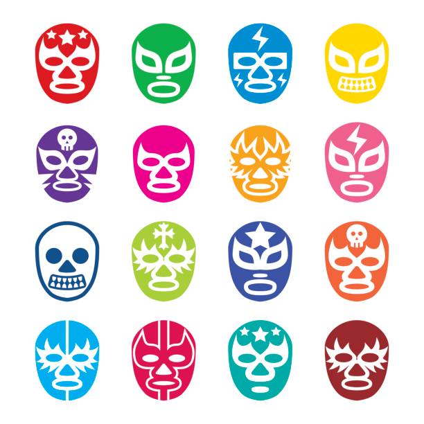 illustrazioni stock, clip art, cartoni animati e icone di tendenza di lucha libre, icone luchador, maschere da wrestling messicane - stage costume immagine