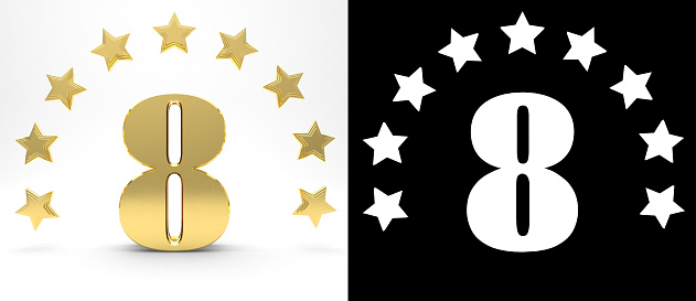 Golden number eight on white background with drop shadow and alpha channel , decorated with a circle of stars. 3D illustration