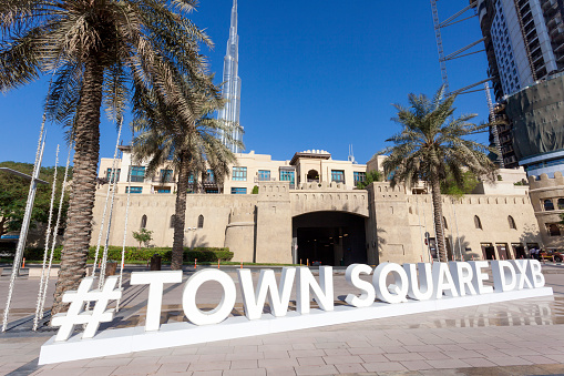 DUBAI, UAE - NOV 30, 2016: Dubai Town Square Twitter Hashtag in the street of Dubai Downtown. United Arab Emirates, Middle East