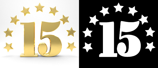Golden number fifteen on white background with drop shadow and alpha channel , decorated with a circle of stars. 3D illustration