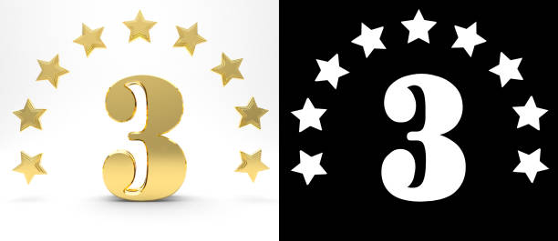 istock Golden number three on white background with drop shadow and alpha channel , decorated with a circle of stars. 3D illustration 672419470