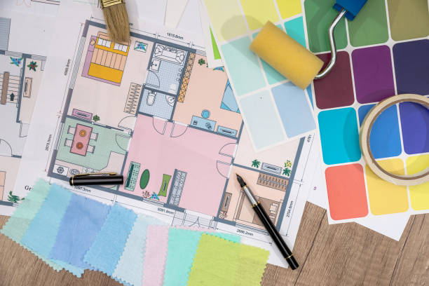 istock Construction plans with Paint Brush and Colors Palette. Building and Construction Industry Concept. 672426780