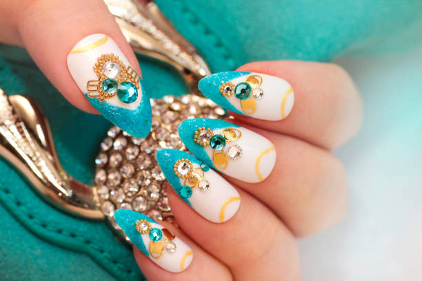 istock Luxurious glamorous sandy blue French manicure 672429932