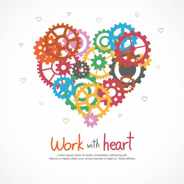 ilustrações, clipart, desenhos animados e ícones de coração de engrenagens para trabalho em equipe e amor no trabalho - gear heart shape love equipment