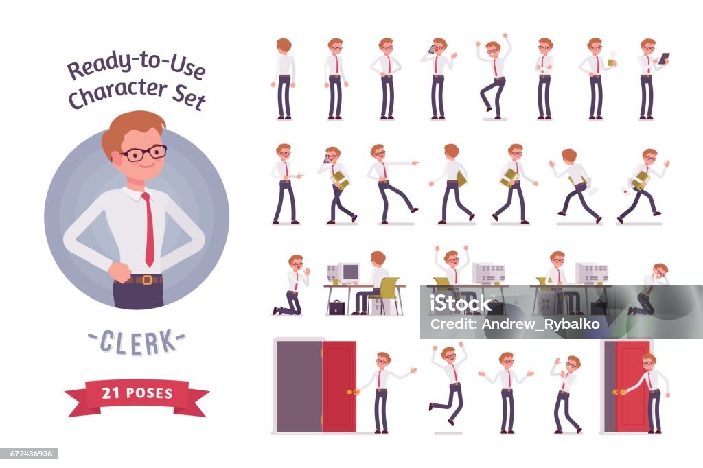 Ready-to-use young male clerk character set, different poses and emotions Ready-to-use character set. Male office clerk in formal wear. Different poses and emotions, running, standing, sitting, walking, happy, angry. Full length, front, rear view isolated, white background Characters stock vector