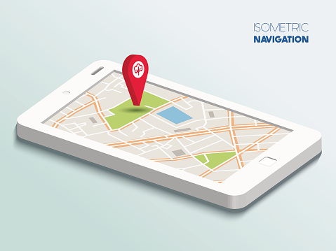 Vector Isometric smartphone with map navigation app and geotag symbol, technology flat 3d isometry, location concept