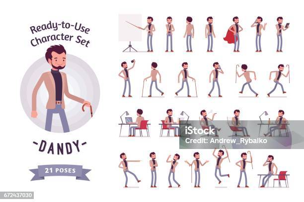 Ilustración de Conjunto De Caracteres Dandy Joven Listo Para Su Uso Diferentes Poses Y Emociones y más Vectores Libres de Derechos de Hombres