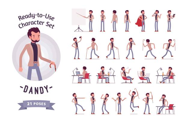 illustrations, cliparts, dessins animés et icônes de jeu de caractères de dandy jeunes prêts à l’emploi, des poses différentes et émotions - beauté masculine