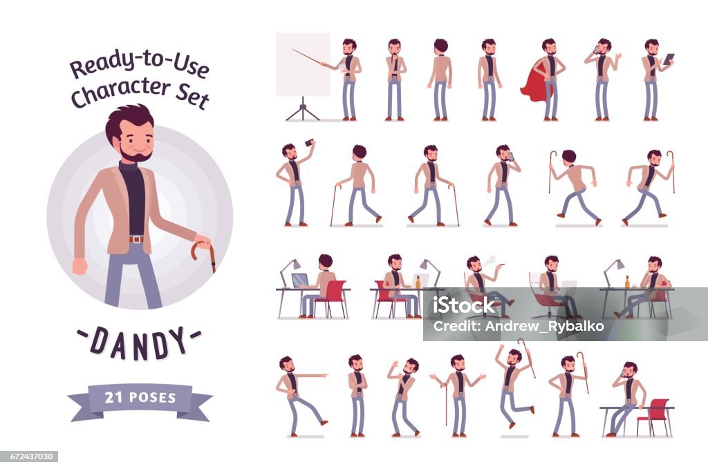 Ready-to-use young dandy character set, different poses and emotions Ready-to-use character set. Dandy in a smart casual wear. Different poses and emotions, running, standing, sitting, walking, happy, angry. Full length, front, rear view isolated, white background Men stock vector