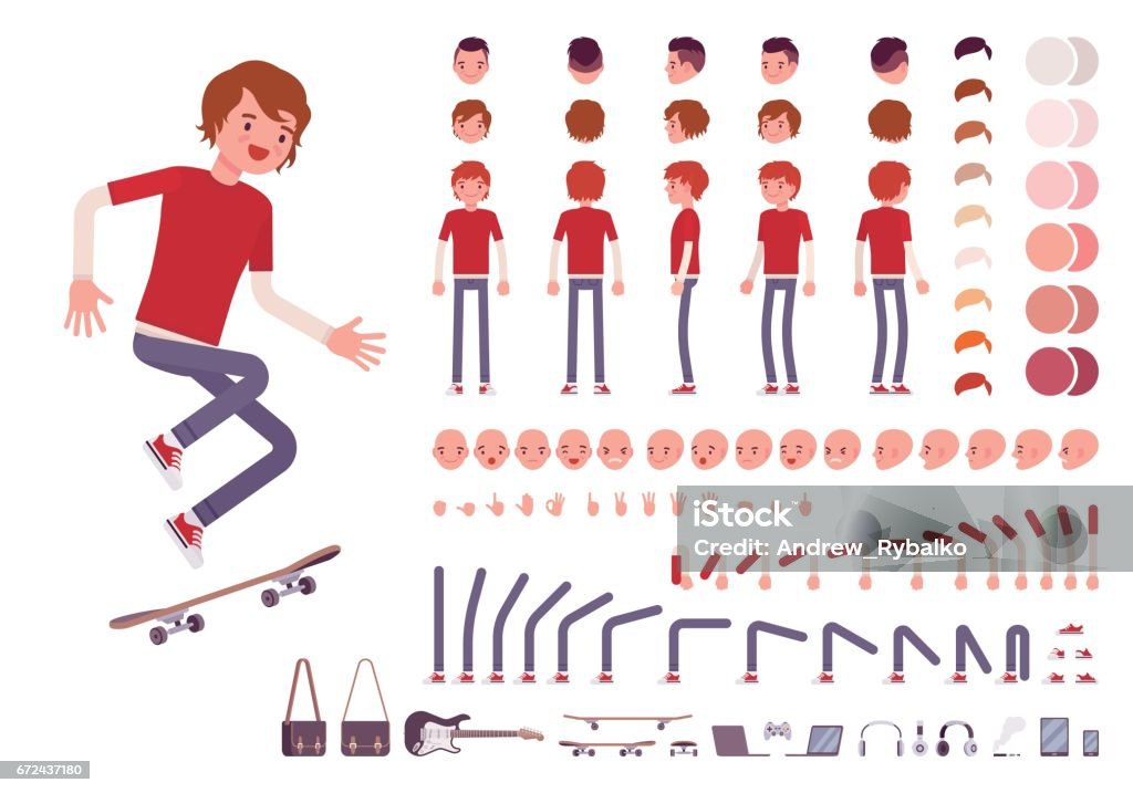 Teenager boy character creation set Teenager boy character creation set. Full length, different views, emotions, gestures, isolated against white background. Build your own design. Cartoon flat-style infographic illustration Characters stock vector