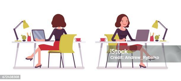 Set Of Young Secretary In Sitting Pose Rear Front View Stock Illustration - Download Image Now