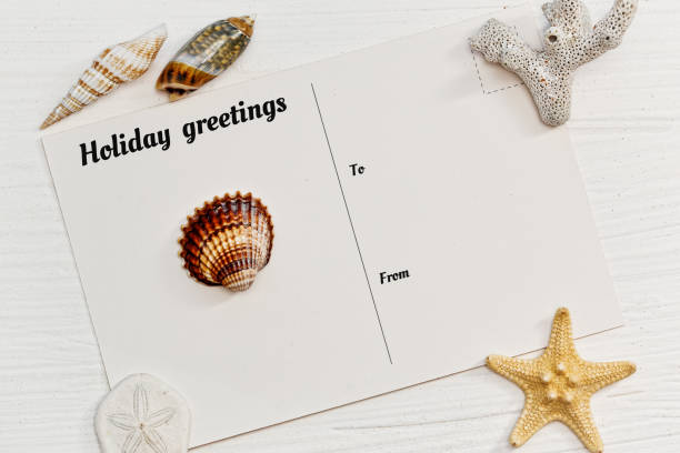 istock Old fashioned postcard and shells on the wooden deck 672444684