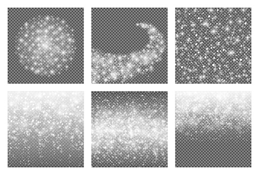 Shooting shining star with Elegant Trail - Meteoroid, Comet, Asteroid, Stars. Abstract Star burst. Falling snowflakes. Glitter snow line. Confetti. Isolated on transparent background. Vector set