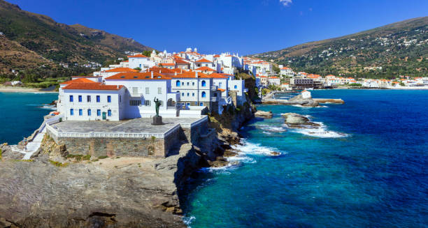beautiful Greek islands series - Andros, view of Chora. Cyclades traditional Greece series - Andros island, Cyclades andros island stock pictures, royalty-free photos & images