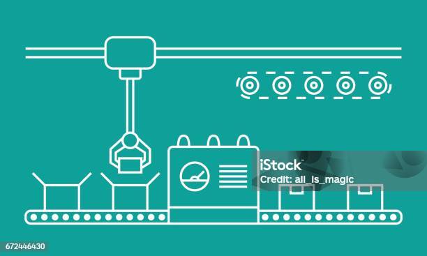 Ilustración de Línea De Montaje De Estilo De Línea Fina y más Vectores Libres de Derechos de Cinta transportadora - Cinta transportadora, Fábrica, Contorno