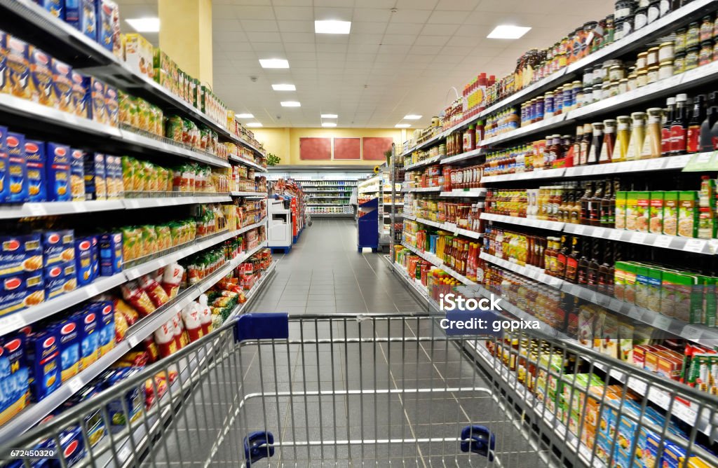 Shopping carts in the supermarket Empty shopping cart in the supermarket Supermarket Stock Photo