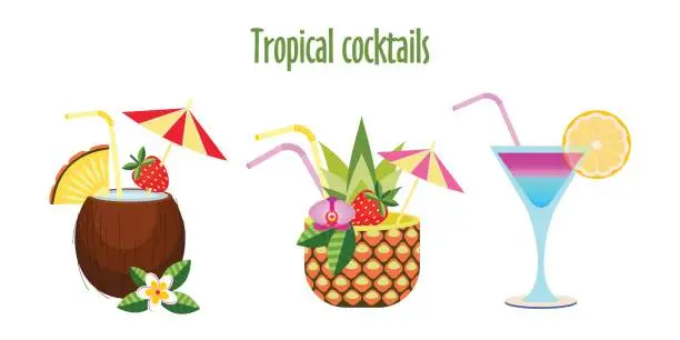 Vector illustration of Set of tropical cocktails. Vector illustration. Isolated on a white background.