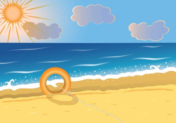 sommer strand hintergrund mit rettungsring auf meeressand - lifeguard orange nature beach stock-grafiken, -clipart, -cartoons und -symbole