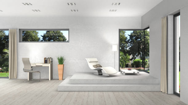 istock 3D rendering of an interior with modern windows 672454922