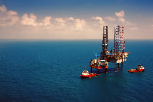 해외 석유 장비 드릴링 플랫폼 - oil rig oil sea aerial view 뉴스 사진 이미지