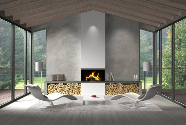 soggiorno contemporaneo con frontale in vetro e giardino - fireplace living room door wall foto e immagini stock