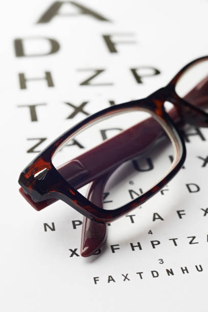 istock Pair Of Glasses On Opticians Sight Chart 672460098