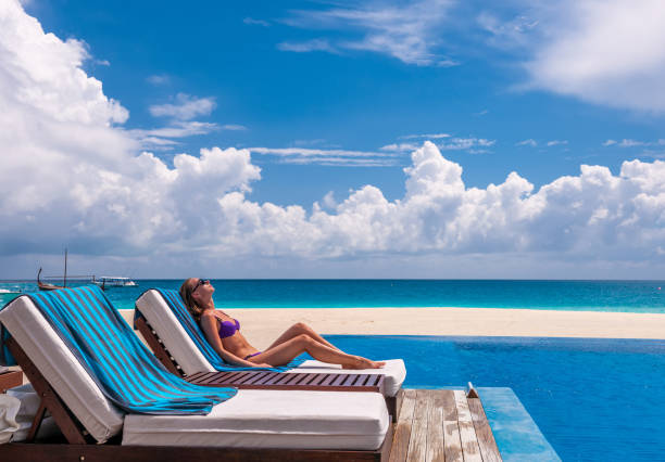 istock Woman relaxing at the poolside 672463048