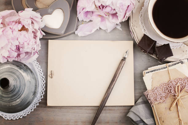 istock Vintage Frame with Black Coffee, Flower, Pen and Old Paper Background 672465620