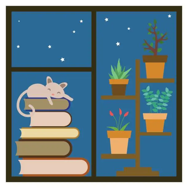 Vector illustration of cat sleeping on a stack of books on the window.