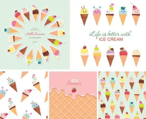 Vector illustration of Ice cream big set. Seamless patterns, templates, stickers. Hello summer design.