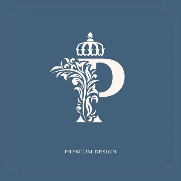 Vector illustration of Elegant letter P with a crown. Graceful royal style.