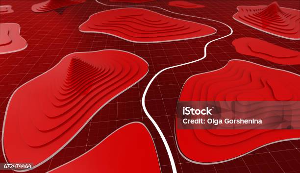 Red Topographic Background With White Curves On Grid Surface Stock Photo - Download Image Now