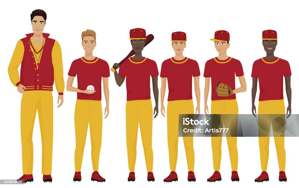 Vector illustration of the young baseball players team with coach trainer wearing the uniform. Vector illustration of the young baseball players team with coach trainer wearing the uniform Baseball Team stock vector