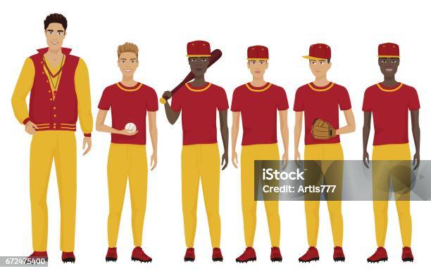 Vector Illustration Of The Young Baseball Players Team With Coach Trainer Wearing The Uniform Stock Illustration - Download Image Now